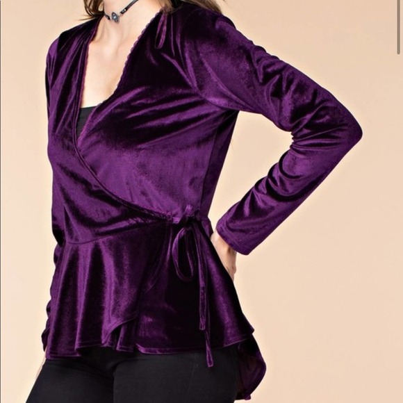 Velvet Surplice Peplum Blouse - Picture 2 of 8